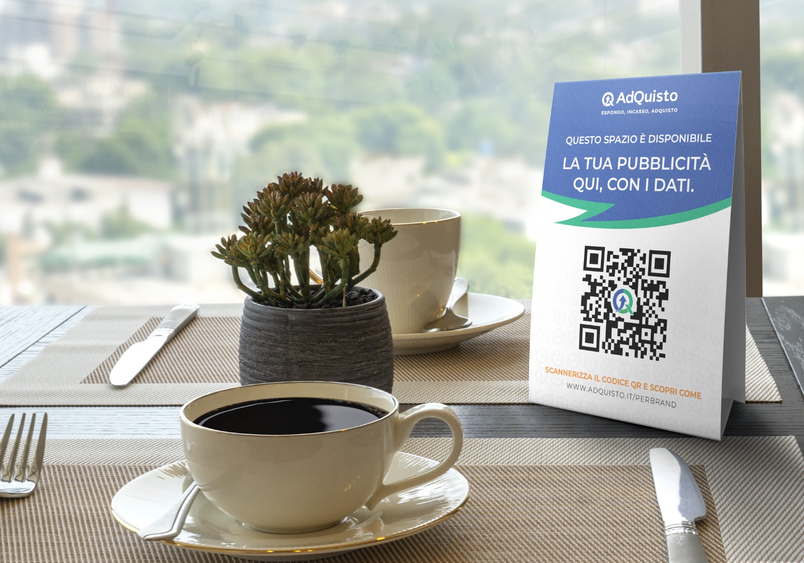 Materiale pubblicitario AdQuisto esposto in un locale per campagne in-store